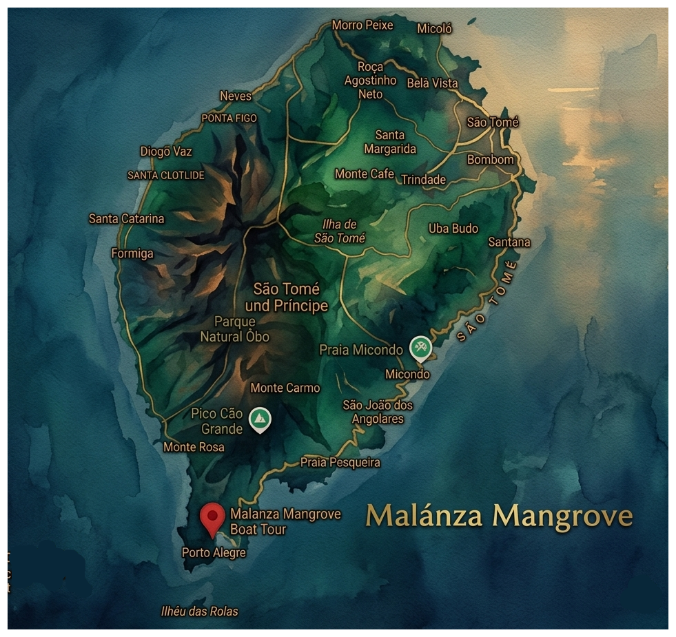 Karte von Malánza Mangrove in Angola mit markiertem Bootstour-Ziel und Ortsnamen, Meer und Küstenlinien.