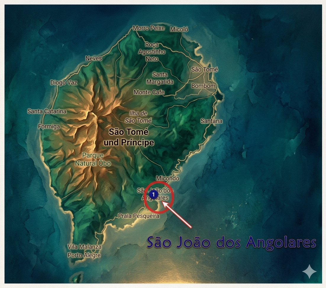 Karte von São Tomé und Príncipe mit markiertem Ort „São João dos Angolares“ und rotem Pfeil.