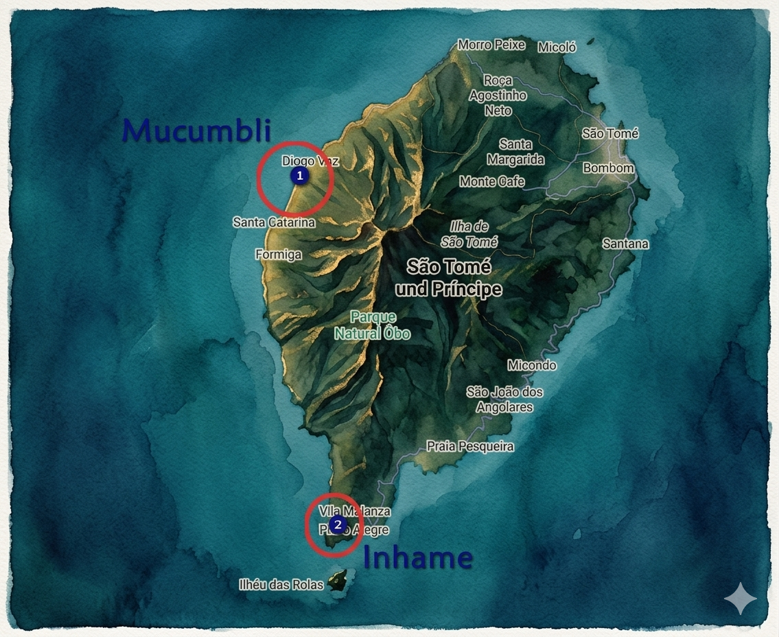 Karte von São Tomé und Príncipe mit markiertem Ort „Mucumbli und Inhame im Kreis