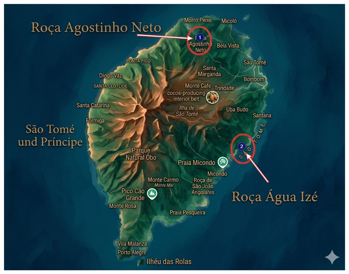 Karte von São Tomé und Príncipe mit markierten OrtenR oça Água Izé und Roça Agostinho Neto in roten Kreisen und Pfeilen, Küsten und Inseln.