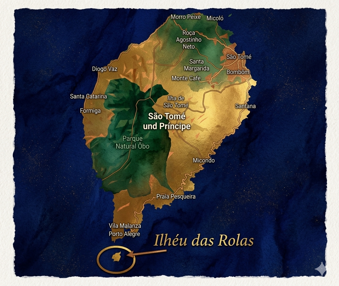 Karte von São Tomé und Príncipe mit Ortsnamen, farbigen Regionen und goldener Beschriftung „Ilhéu das Rolas“.