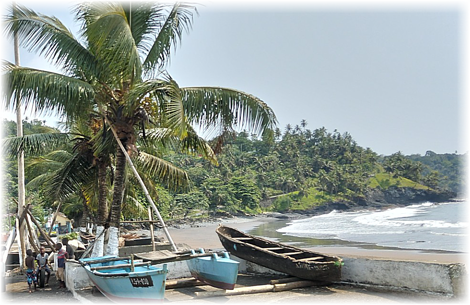 Strand mit Palmen, mehreren kleinen Booten am Ufer und ruhiger Küstenlinie im Hintergrund.