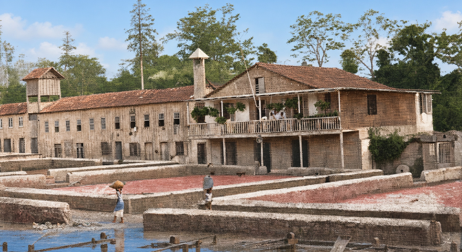 Roça Santa Margarida_Verfallenes koloniales Gebäude mit rotem Dach, hölzernem Balkon und Wachturm, davor Wasserbecken und Bäume.
