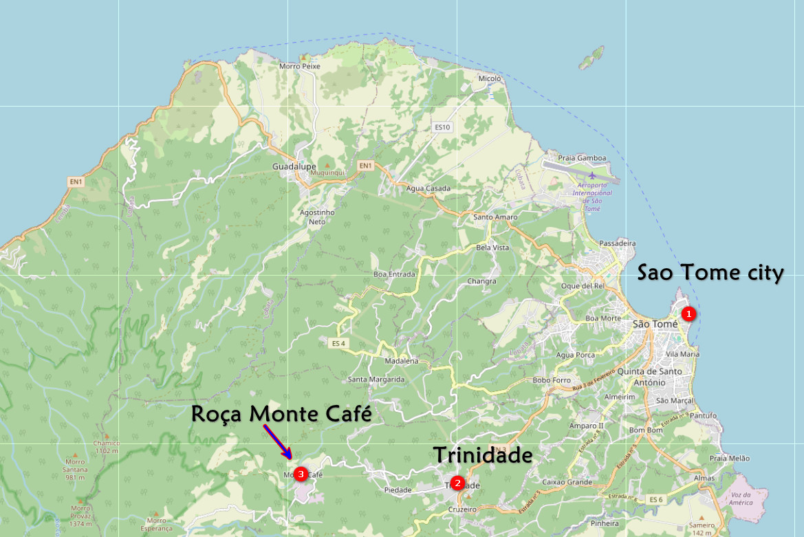 Roca Monte Cafe - Karte von São Tomé und Príncipe mit markierten Orten São Tomé city, Trindade und Roça Monte Café.